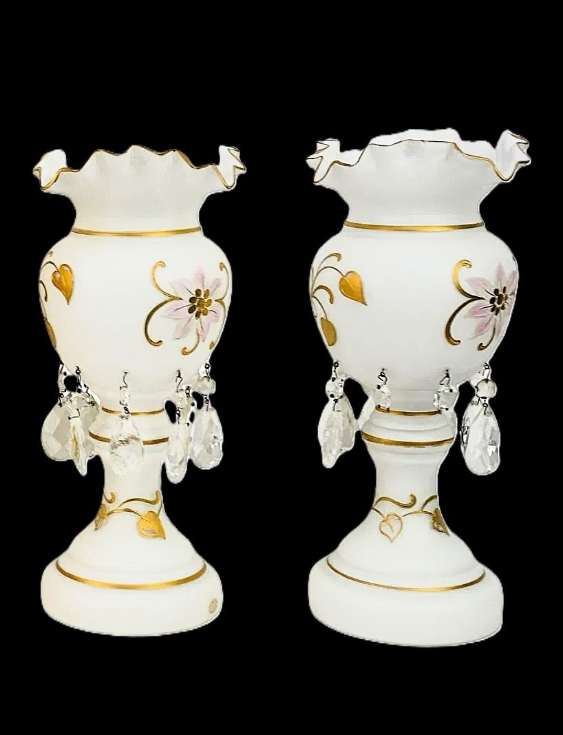 Pair of Victorian White Satin Glass Lustres Gilt Floral Centerpieces 15" x 5" (1 of 9)