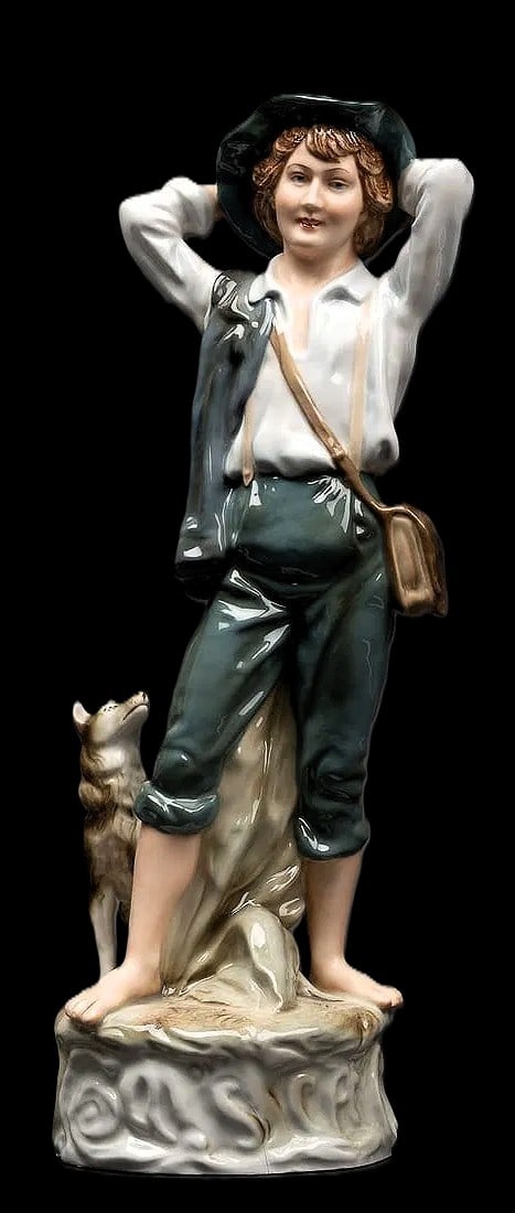 Royal Dux Bohemia "Boy Shepherd with Hound" Early Pink Triangle Masterpiece 15 1/8" Height (1 of 9)