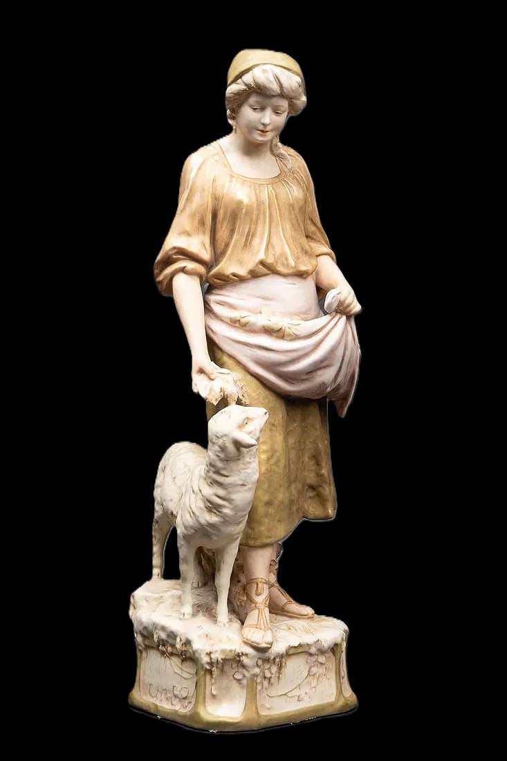 Royal Dux Bohemia "Shepherdess" #1116 19th-Century Masterpiece 21" Height: A serene and exceptionally well-modeled masterwork from the definitive "First Period" of Royal Dux Bohemia: "Shepherdess with Lamb" (#1116). Standing at a monumental 21 inches (53 cm), this sculpture