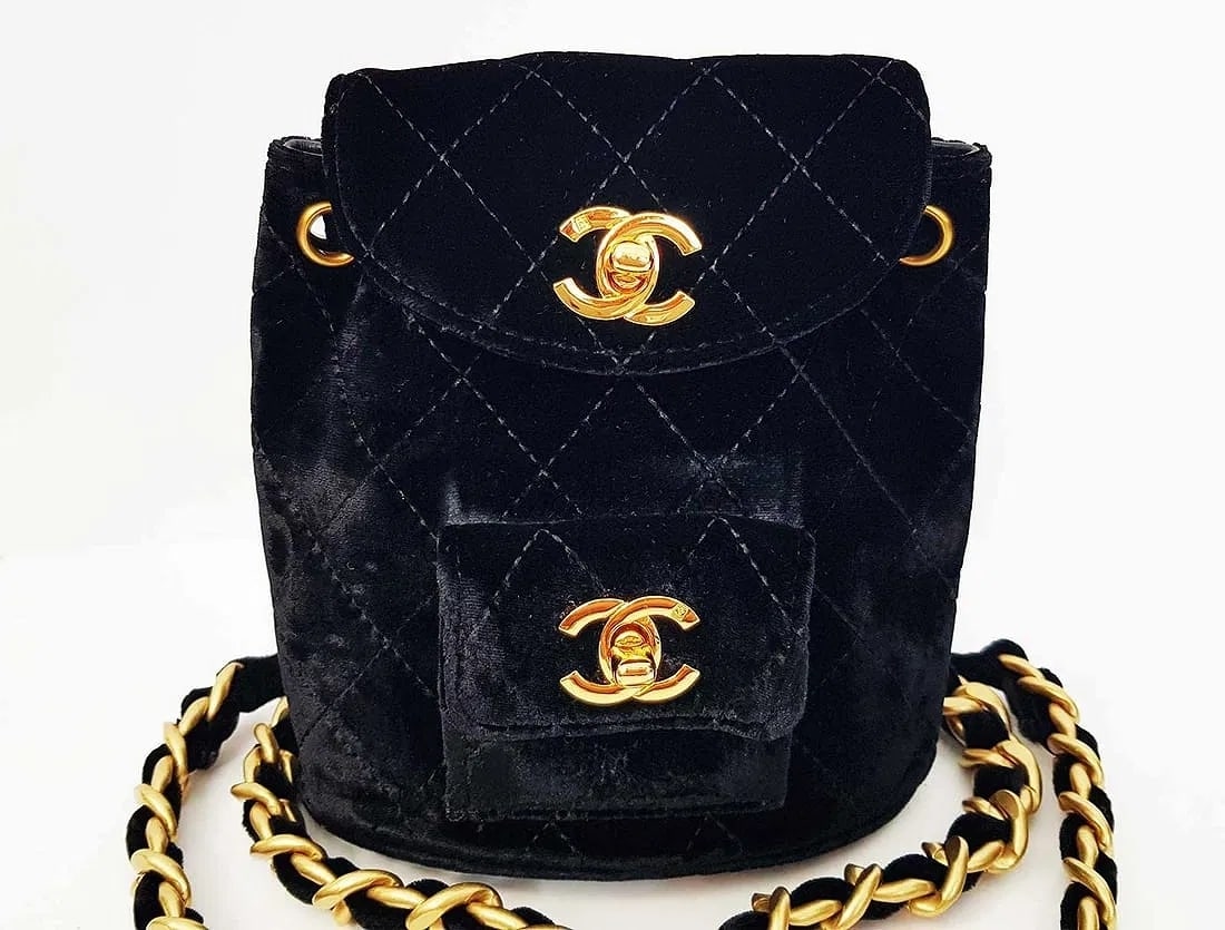 CHANEL Small Duma Backpack in Black Velvet w/ Diamond Quilting (1 of 9)