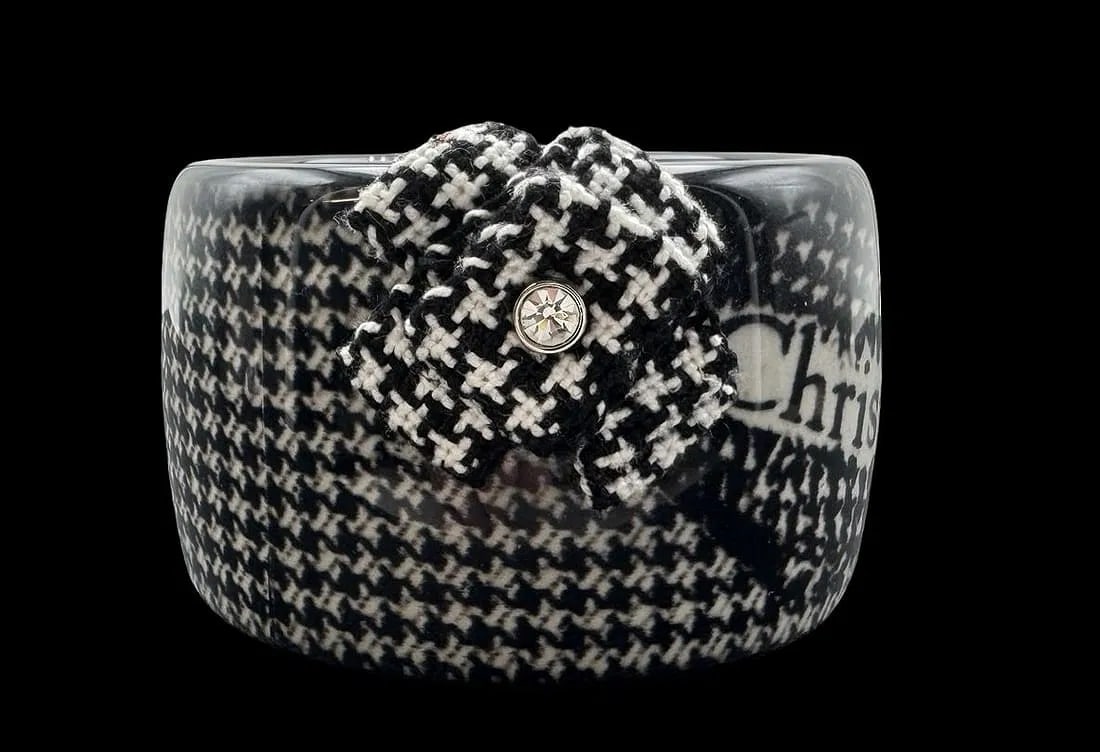 Christian Dior Vintage B&W Houndstooth Cuff w/ Textured Fabric Flower Accent & Clear Crystal Center (1 of 6)