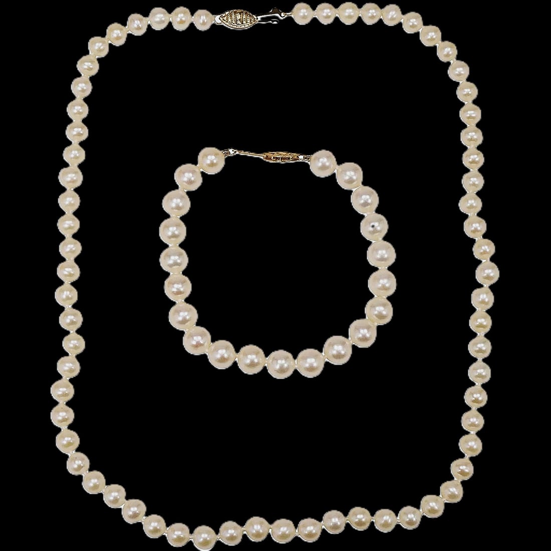 14K Yellow Gold Clasp Pearl Necklace & Bracelet Set (1 of 7)