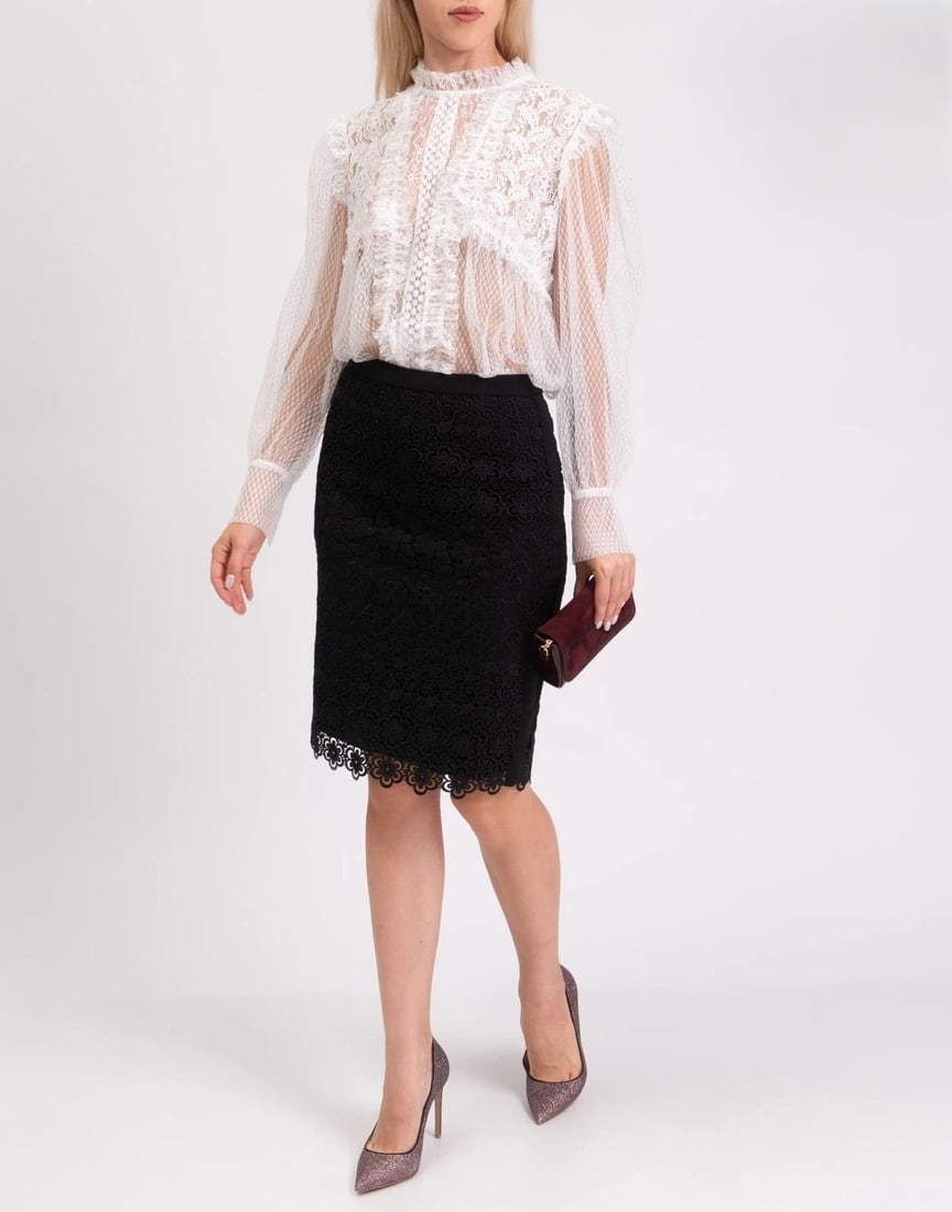 Moschino Couture Lace Skirt US 6 M NWT: Offered here is a refined Moschino Couture! straight (pencil-style) skirt in classic black, elevated by lace detailing and a smooth silk lining for comfort and structure. A versatile, wardrobe-definin