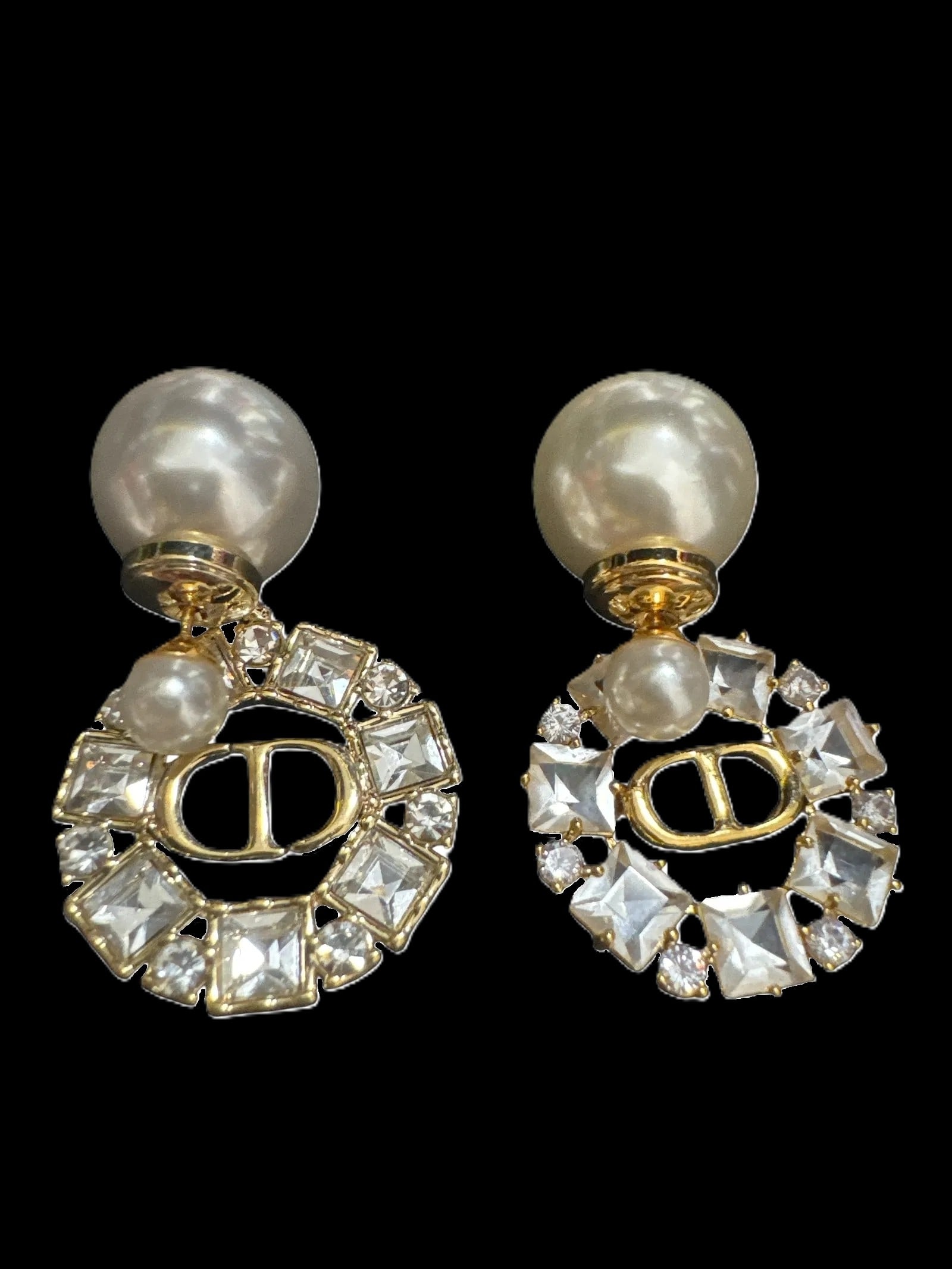 Christian Dior Faux Pearl & Crystal "CD" Drop Earrings w/ Box (1 of 2)