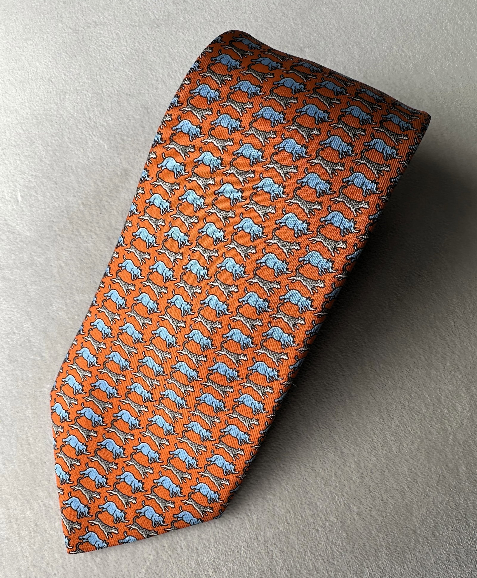Hermès Silk Necktie in Vivid Orange Ground w/ an All-Over Equestrian/Wildlife Motif Like New +Box (1 of 10)