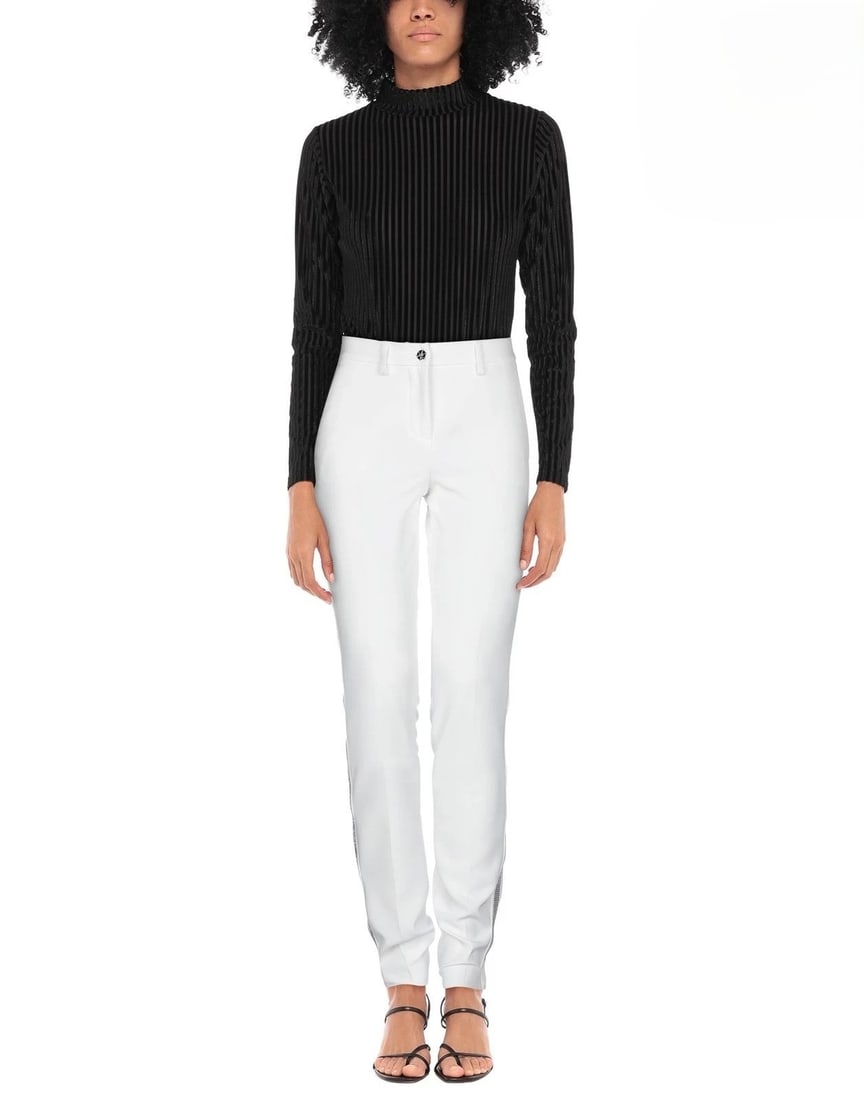 Philipp Plein Couture Rhinestone Trousers S Limited Edition (LE): Philipp Plein Couture limited edition white striped dress pants with rhinestone embellishments and stretch. Zip closure. Made in Italy. Highlights: Women's size S Striped; rhinestone embellishments