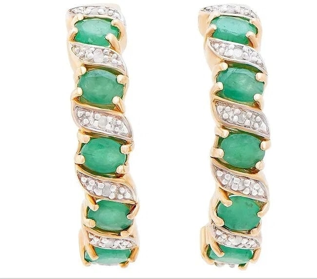 3.05 Ct Diamond Emerald Sterling Silver (925) Earrings: A vivid green statement: designer-inspired earrings set with multiple emeralds in a sleek sterling-silver base with gold plating. Details: Total Gem Weight: 3.05 ctw Emeralds: 12 green oval