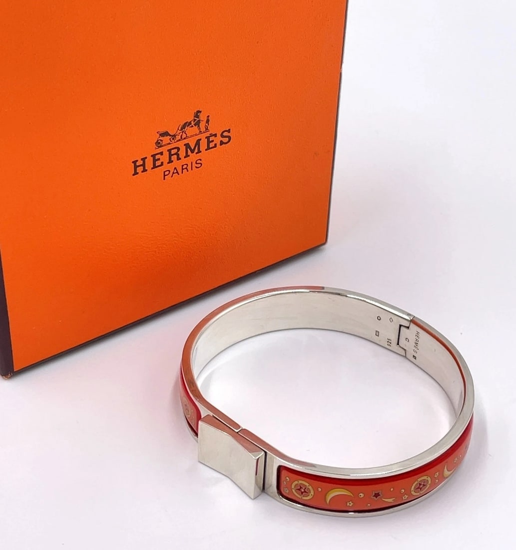 Hermès Whimsical Celestial Motif with Stars and Moon Sterling Silver (925) Enamel Bangle (1 of 10)