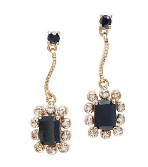 4.66 Ct Sapphire & Diamond Designer Earrings: Elevate your look with these designer-inspired earrings featuring bold emerald-cut black sapphires accented by diamonds. Details: Total Gem Weight: 4.66 ctw Black Sapphires: 2 3x4mm emerald-cut