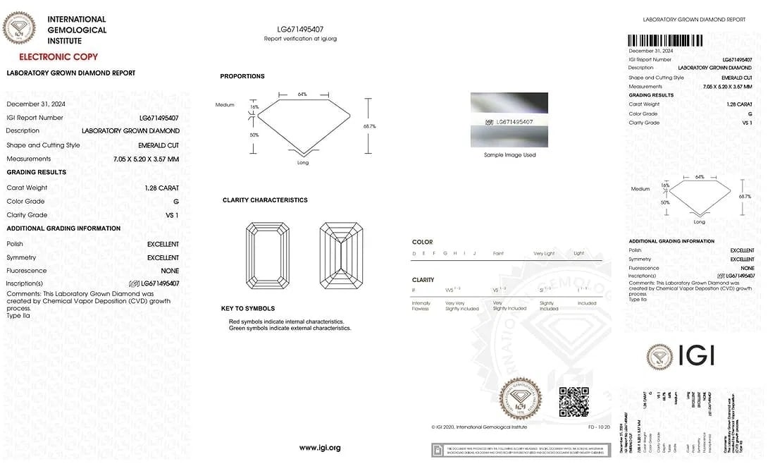 1.28ct G VS1 IGI Emerald Lab Diamond - 2