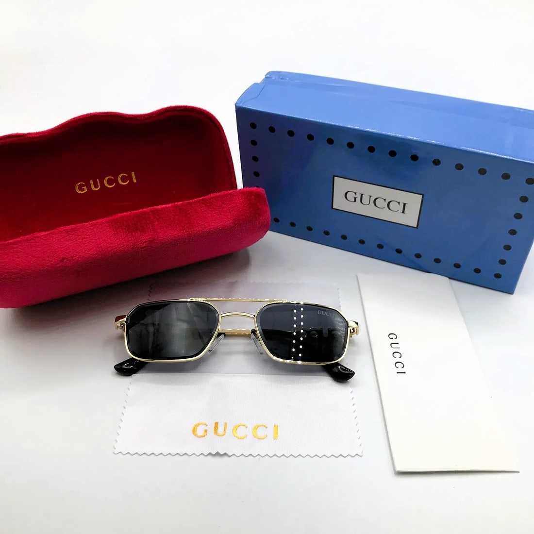 Gucci Gold Rectangular Sunglasses w/ Logo Temples & Full Presentation (1 of 3)