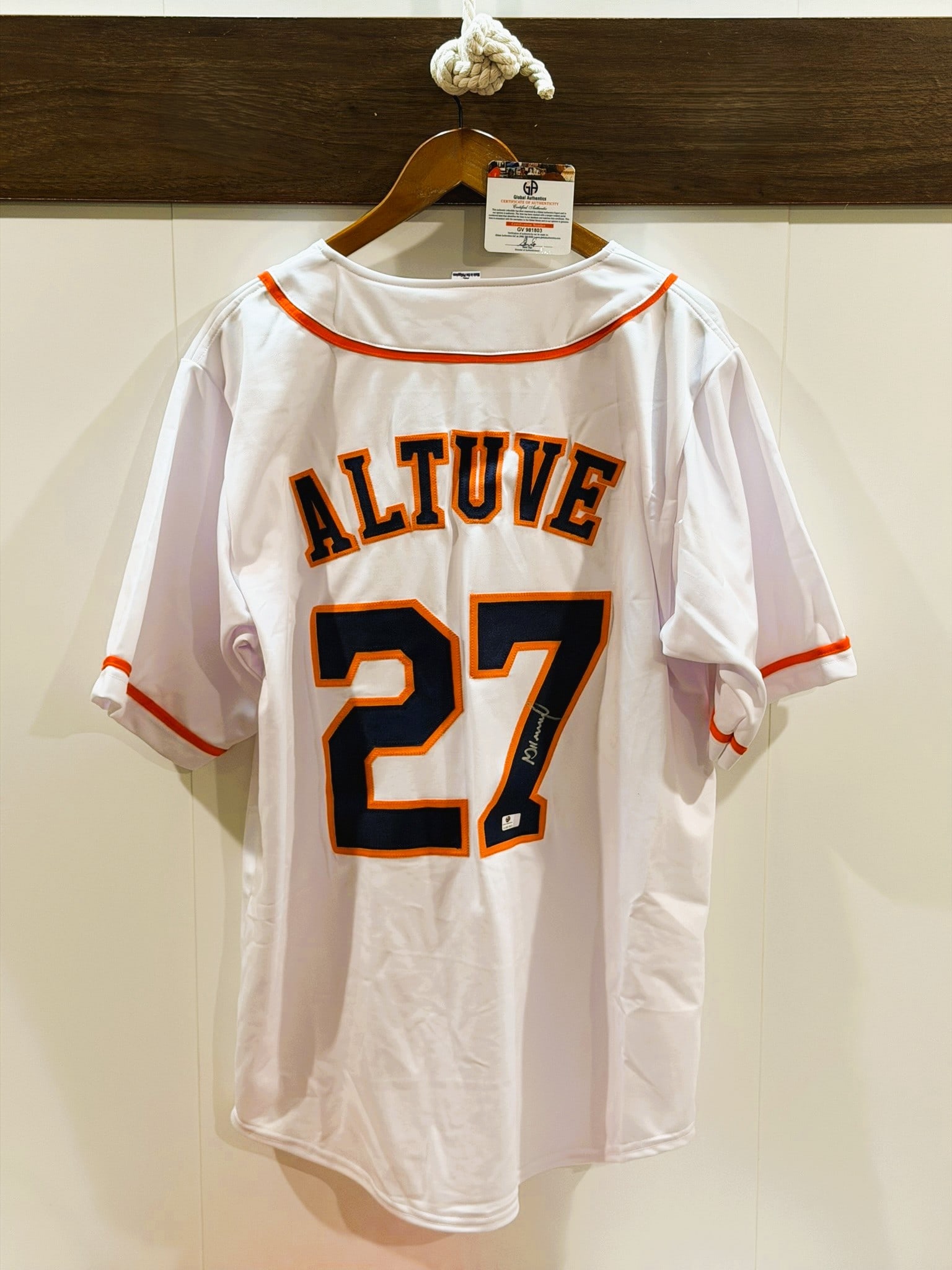 Jose Altuve Signed Houston Astros Custom Style Baseball Jersey Size XL Global Authentics COA: Officially hand-signed Jose Altuve Houston Astros custom style baseball jersey, size XL, accompanied by a Certificate of Authenticity. This white button-down jersey features the genuine signature of t
