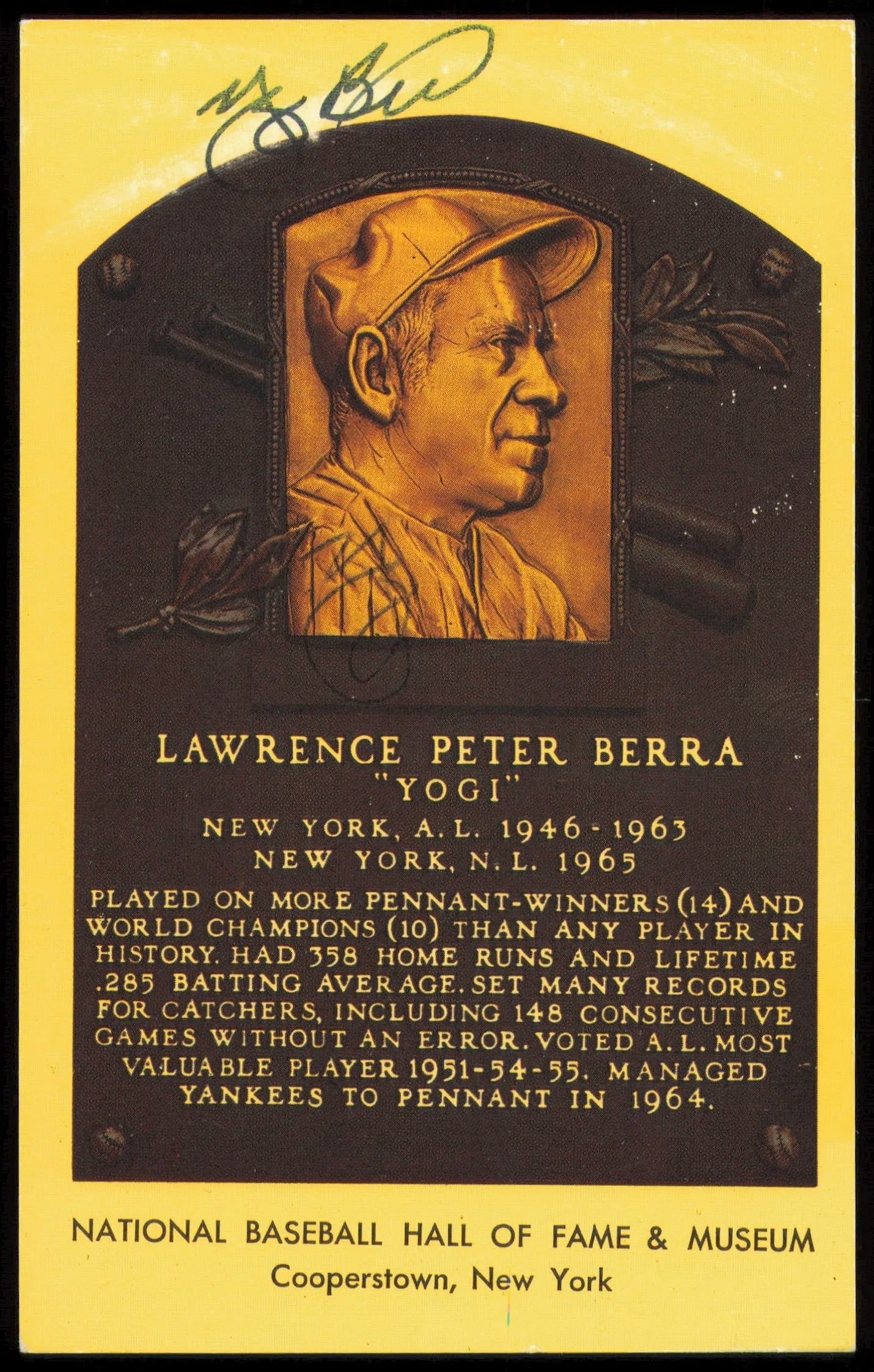 Yogi Berra Signed National Baseball Hall of Fame (HOF) & Museum Plaque Postcard w/ COA (1 of 10)
