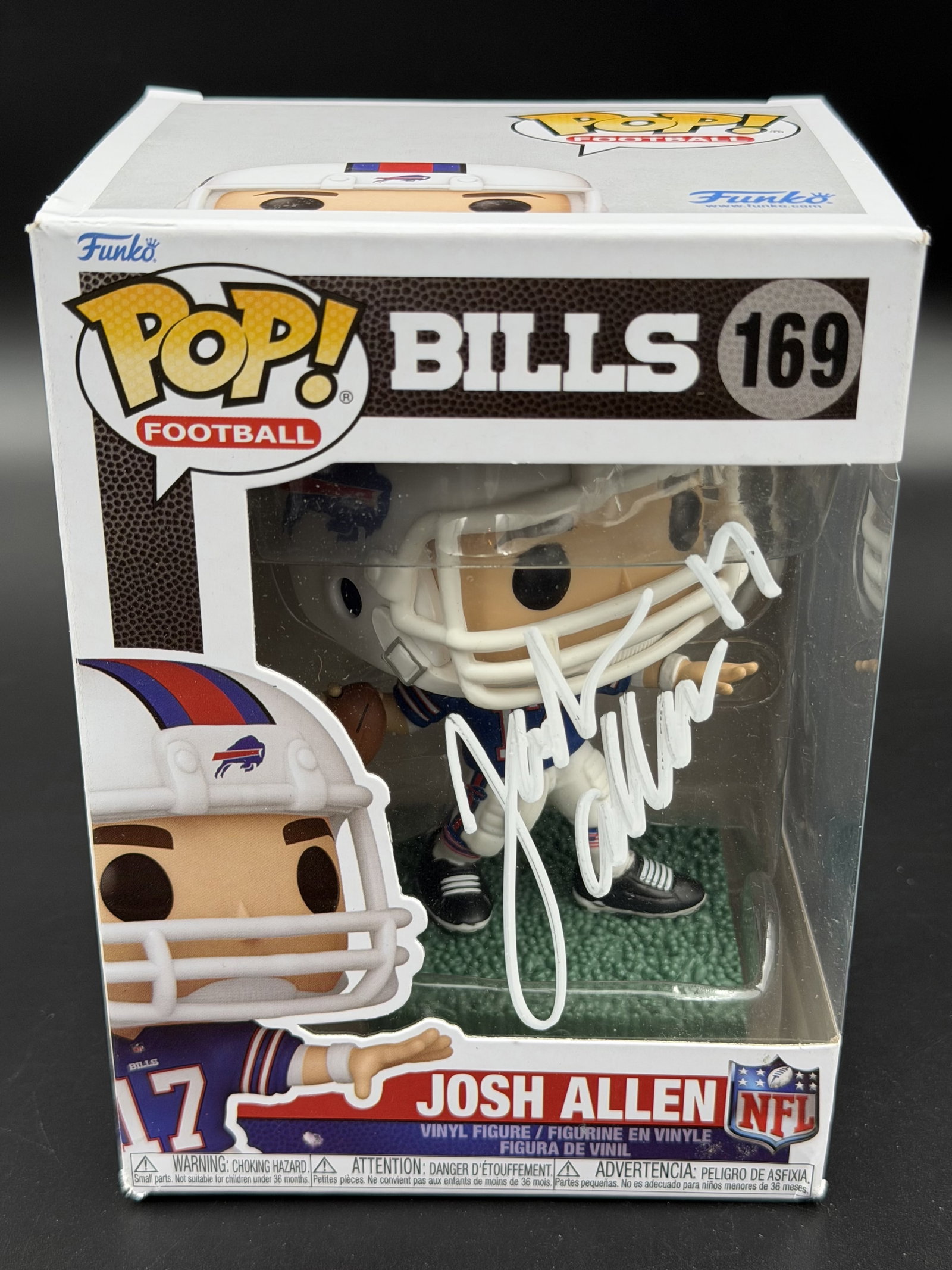 Josh Allen Signed Funko Pop! Football #169 – ACE COA NIB: A highly collectible signed Funko Pop! Football #169 featuring Buffalo Bills quarterback Josh Allen. The Pop! figure remains sealed in its original display box and is boldly signed in white paint pen 