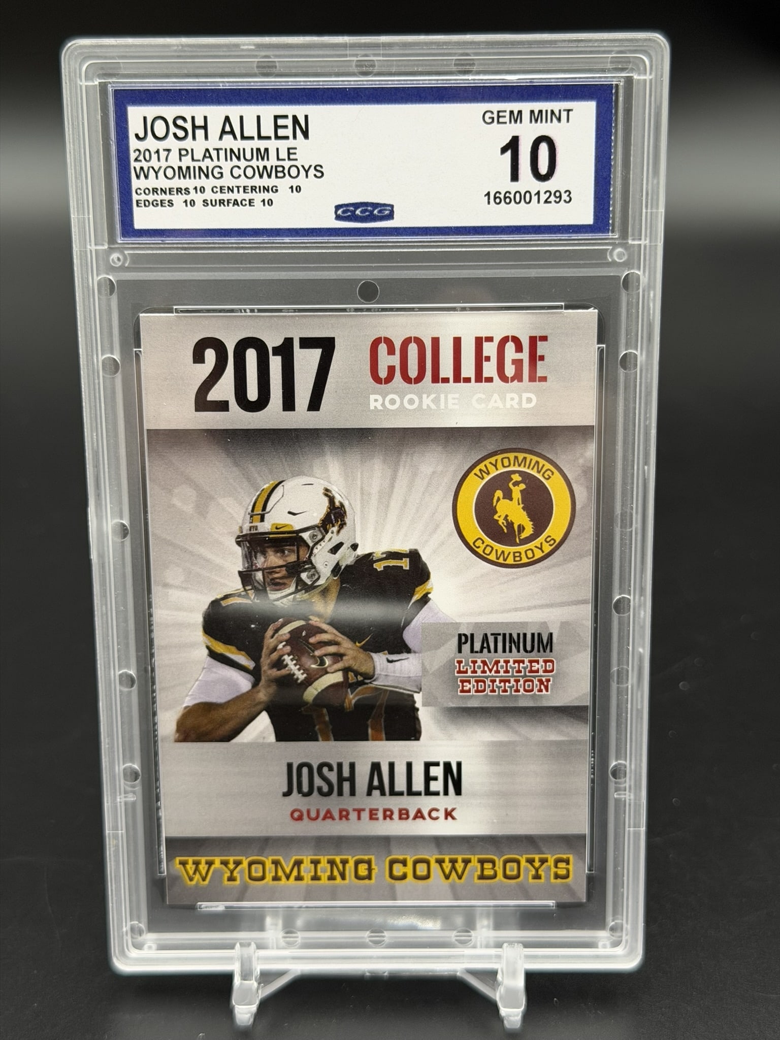 CCG 10 2017 Platinum Limited Edition Josh Allen Wyoming Cowboys Rookie Card: Highly collectible 2017 Platinum Limited Edition Josh Allen College Rookie Card, professionally graded CCG Gem Mint 10. This early collegiate issue features Allen in his Wyoming Cowboys uniform prior 