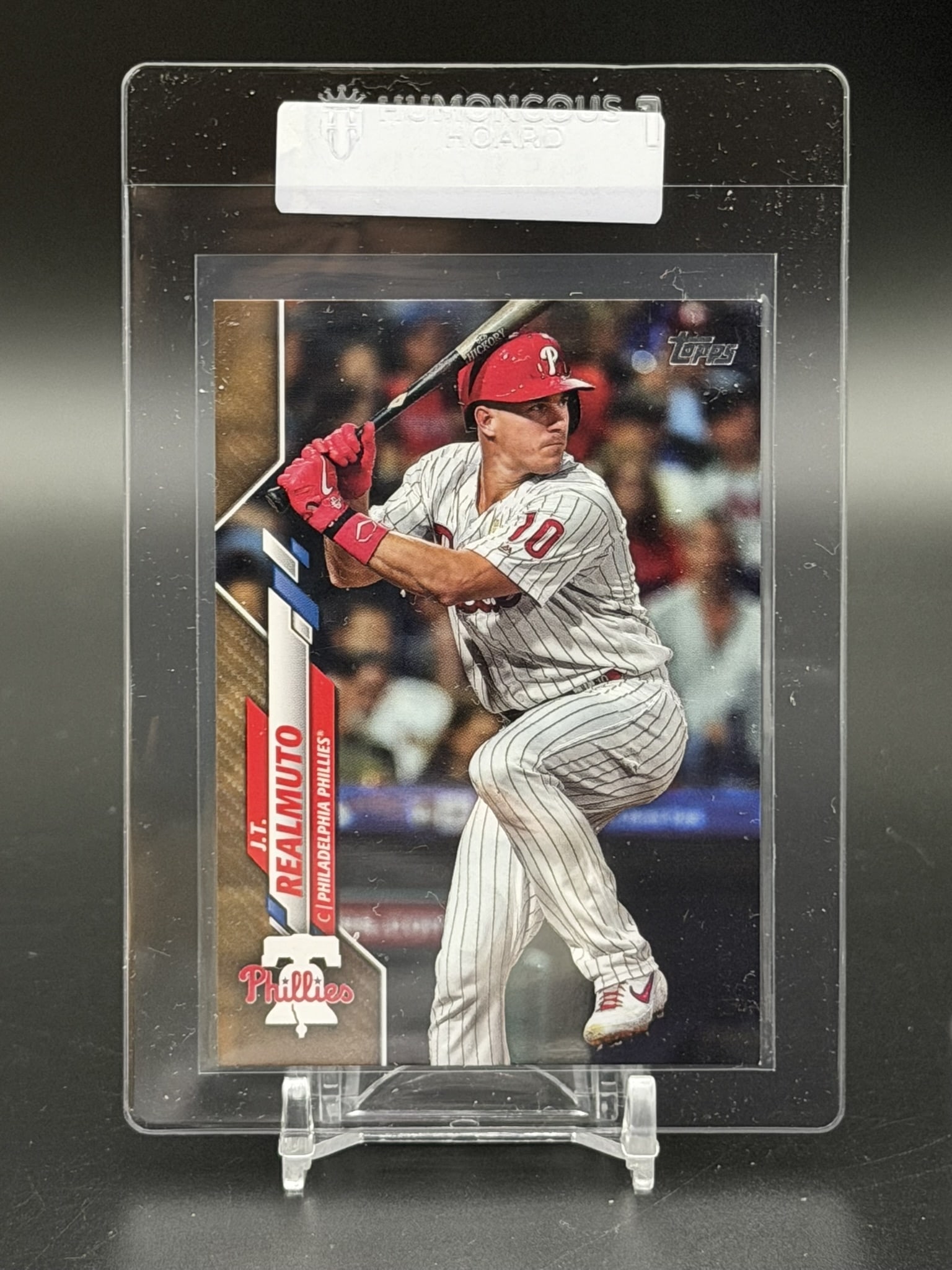 2020 Topps J.T. Realmuto Gold Parallel #220 /2020 Philadelphia Phillies: Official 2020 Topps Series One Gold Parallel card featuring J.T. Realmuto, catcher for the Philadelphia Phillies. Card #220 is individually serial-numbered 0747/2020, one of the annual Gold parallels 
