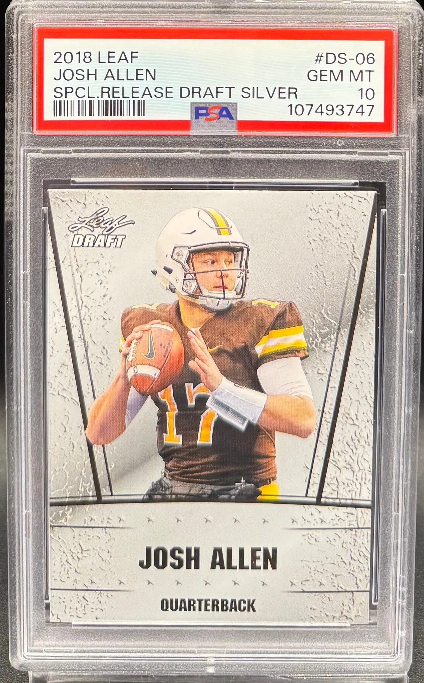 2018 Leaf Draft Silver "Special Release" Josh Allen Rookie Card #DS–06 – PSA GEM MINT 10: An exceptional sports collectible: a pristine PSA GEM MT 10 example of Josh Allen’s 2018 Leaf Draft Silver Special Release rookie card, designated #DS–06. The composition features a crisp,