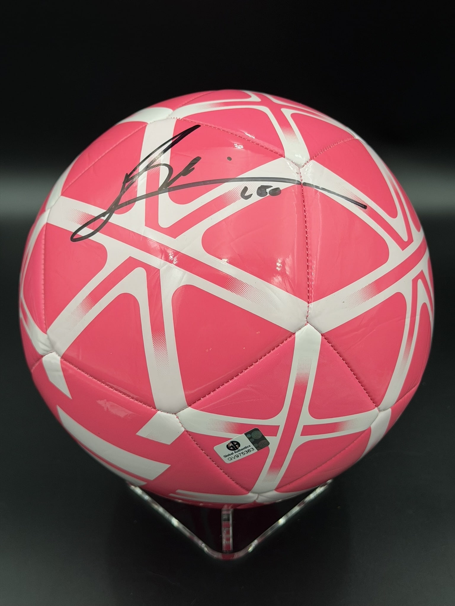 Lionel Messi Signed Pink Soccer Ball GA COA NWOT: Pink soccer ball personally signed by Lionel Messi in black marker. The ball features a pink and white geometric panel design and includes a Global Authentics Certificate of Authenticity (COA) and/or 
