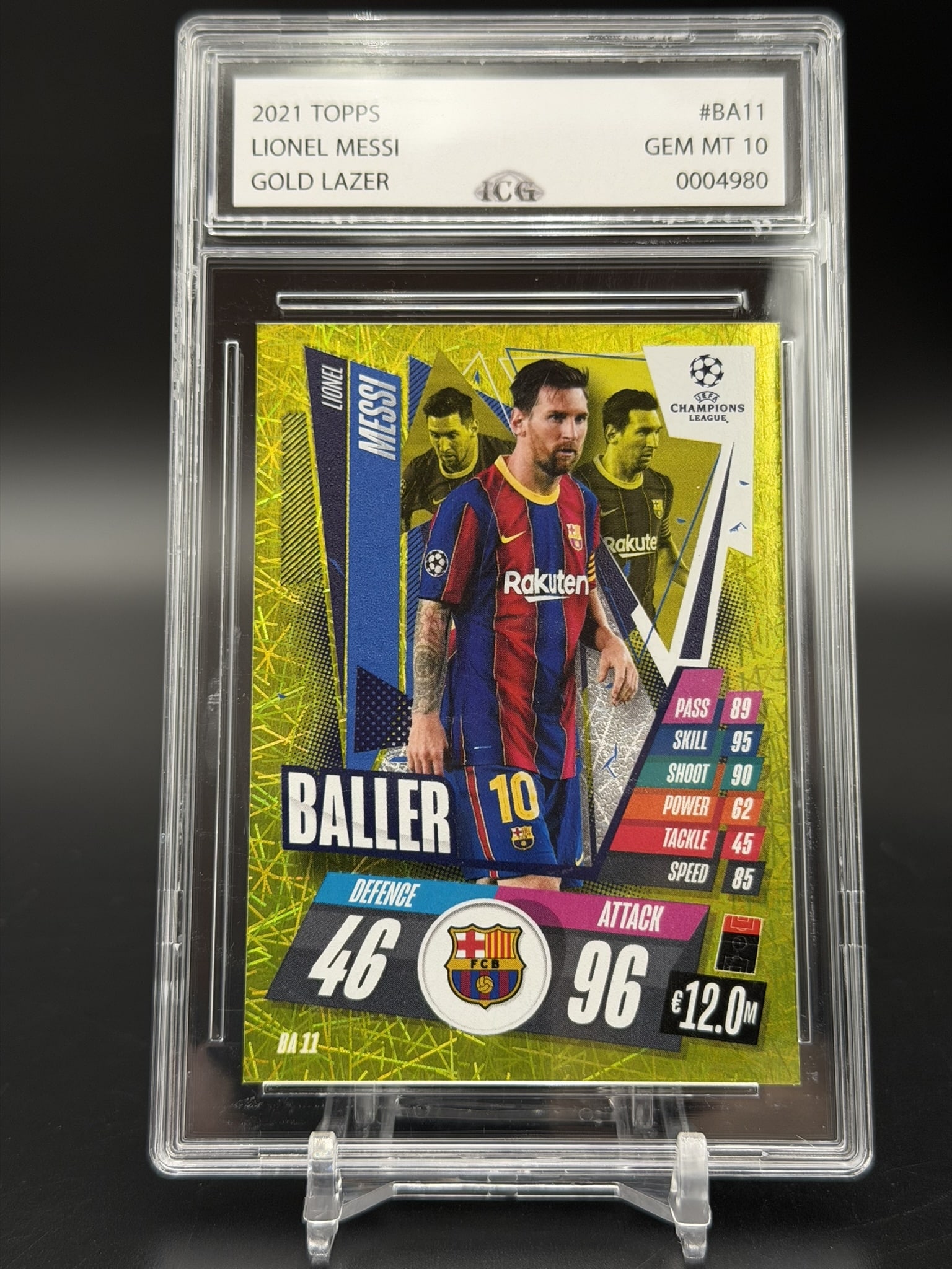 2021 Topps Match Attax Lionel Messi Gold Lazer Baller #BA11 CCG Gem Mint 10: Professionally graded CCG Gem Mint 10 2021 Topps Match Attax UEFA Champions League Gold Lazer Baller insert featuring football legend Lionel Messi in his iconic FC Barcelo