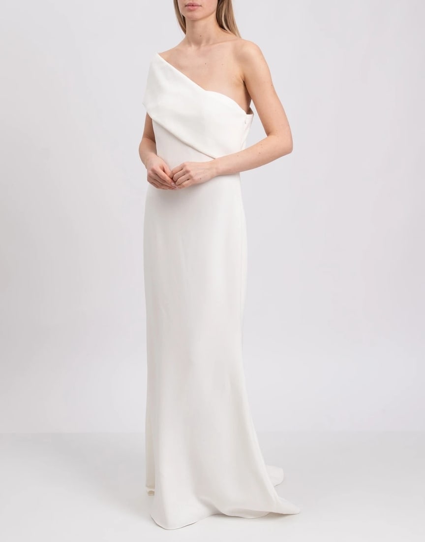 IMPORTED MSRP €1,120 Badgley Mischka Ivory One-Shoulder Mermaid Wedding Gown US10 XL NWT: An elegant and sculptural ivory bridal gown from Badgley Mischka, presented here in brand new condition with original tags attached. This refined mermaid silhouette is designed to contour and elongate