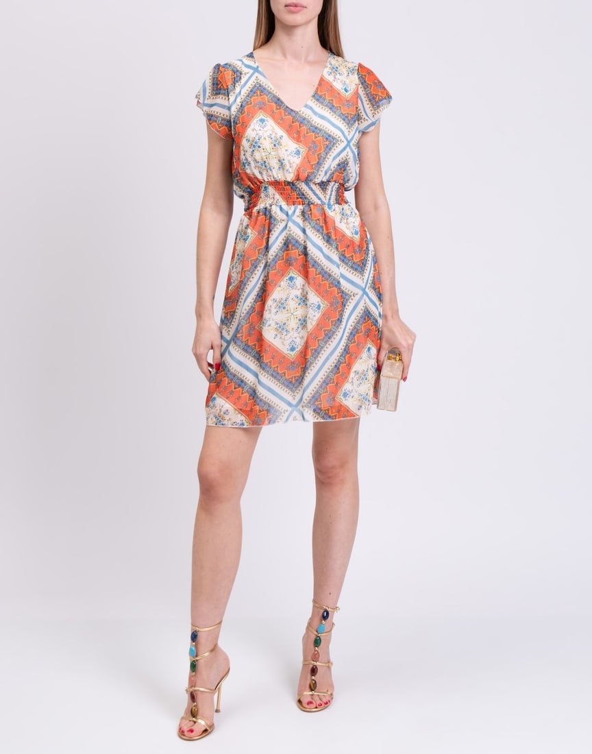 IMPORTED MSRP €204 VANESSA SCOTT Mini Dress Size S-M Lightweight Lined Floral Made in Italy NWT: VANESSA SCOTT mini dress in orange floral print featuring frill accents, lined construction, and lightweight crepe fabrication. Italian-made short dress designed with V-neck styling and contemporary f