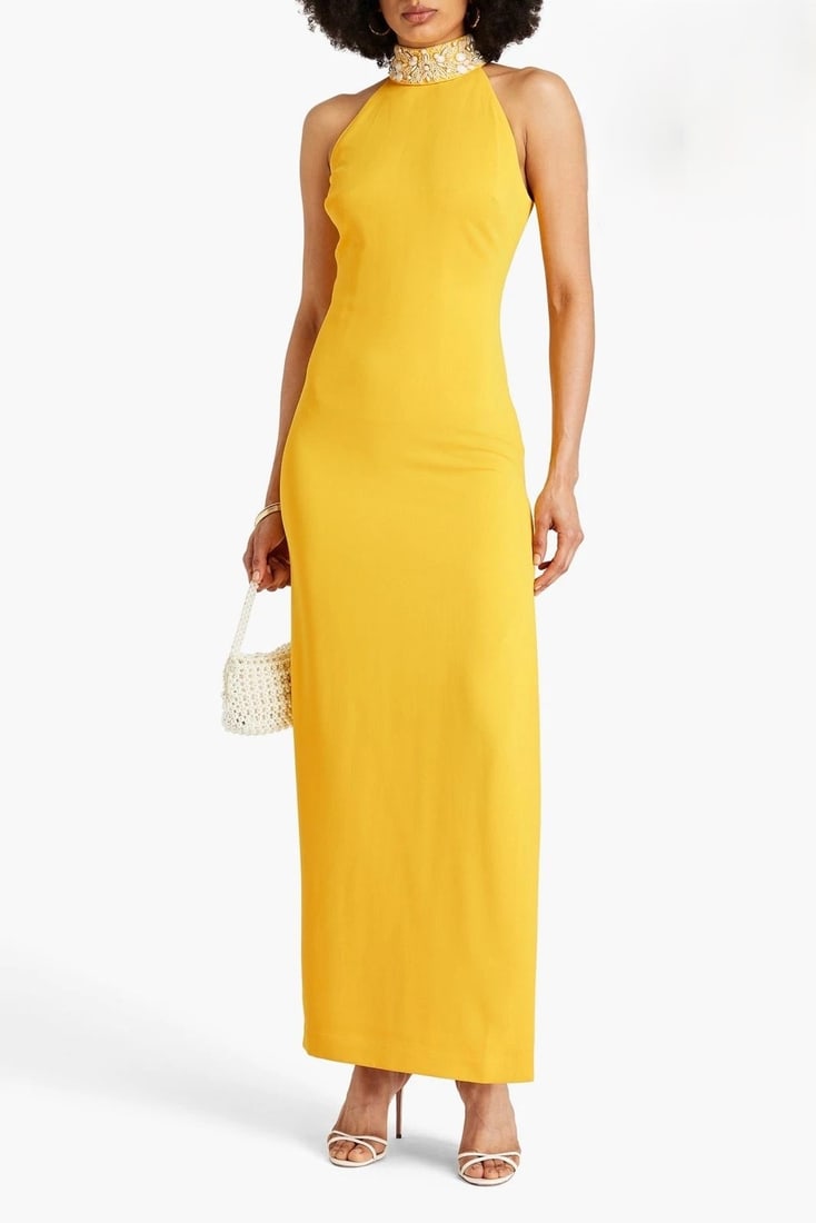 IMPORTED MSRP €650 BADGLEY MISCHKA Gown US8 UK12 IT44 L Yellow Beaded Neck Lined NWT: BADGLEY MISCHKA gown in yellow featuring beaded neckline detailing, sleeveless silhouette, and lined crepe construction. Long formal gown designed with elegant minimalist styling and fluid contemporar