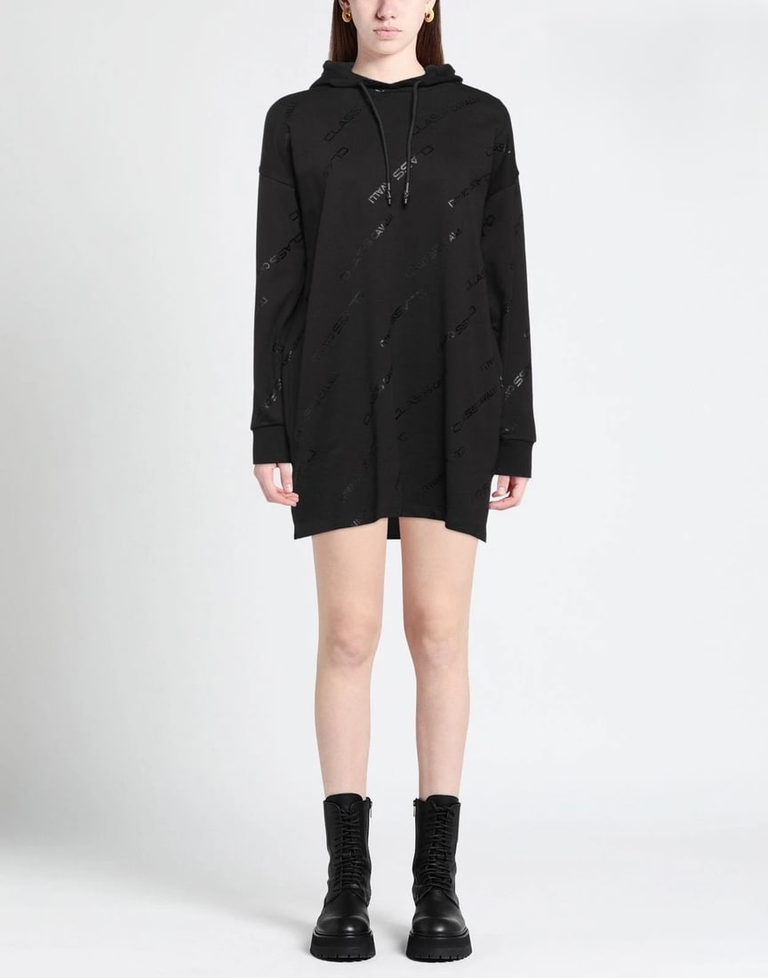 IMPORTED MSRP €500 Roberto Cavalli Class Hoodie Mini Dress Size XL Black Logo Pattern NWT: New-with-tags Roberto Cavalli Class hoodie mini dress in black with all-over logo pattern styling. A sporty-luxe silhouette with hooded neckline, easy to wear with sneakers/boots and great for layerin