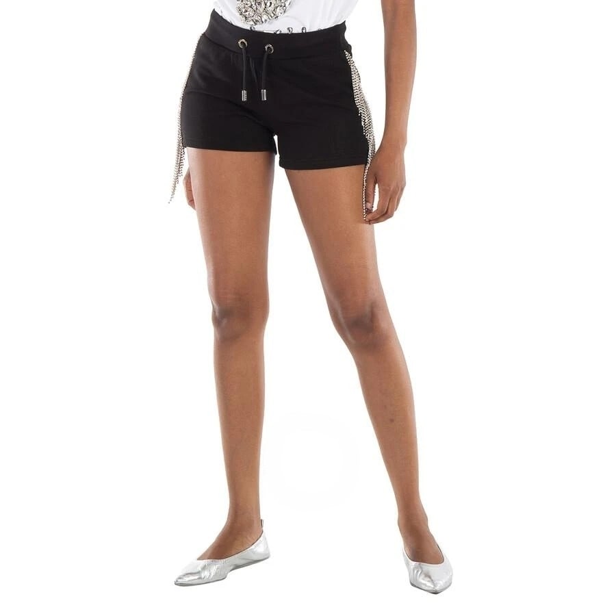 IMPORTED MSRP €1,100 Philipp Plein Crystal Fringe Jogger Shorts Size S Black NWT: New with tags Philipp Plein black jogging shorts in thick cotton with drawstring waist, logo emblem, printed back logo, and rhinestone/bezel fringe detailing down the sides. Highlights: Women’s 