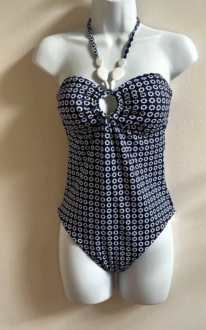 IMPORTED MSRP €180 Beach by Melissa Odabash Blue Geometric One-Piece Halter Swimsuit Size L NWT (1 of 6)