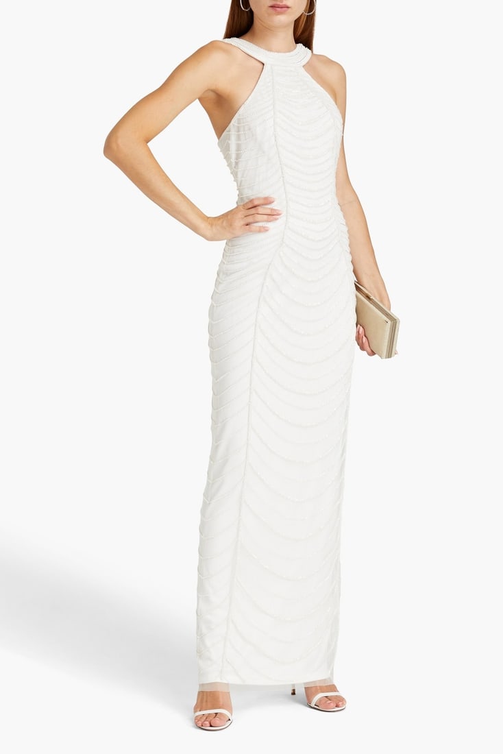 IMPORTED MSRP €620 AIDAN MATTOX Tulle Column Gown US4 UK8 IT40 S Lined Beaded Sleeveless NWT: AIDAN MATTOX tulle column gown in ivory featuring beaded embellishments, sleeveless styling, and lined construction. Long formal gown with crew neckline and contemporary bridal-inspired silhouette. Ta