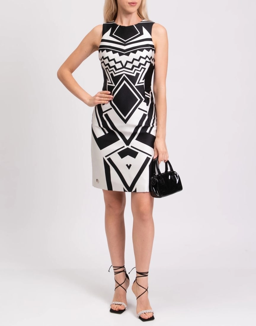 IMPORTED MSRP €728 Philipp Plein Couture Mini Dress M Geometric: Philipp Plein Couture woven mini dress in black two-tone geometric design with zip closure and lining. Limited Edition style. Highlights: Women’s size M Woven fabric; lined Zip closure; geometri