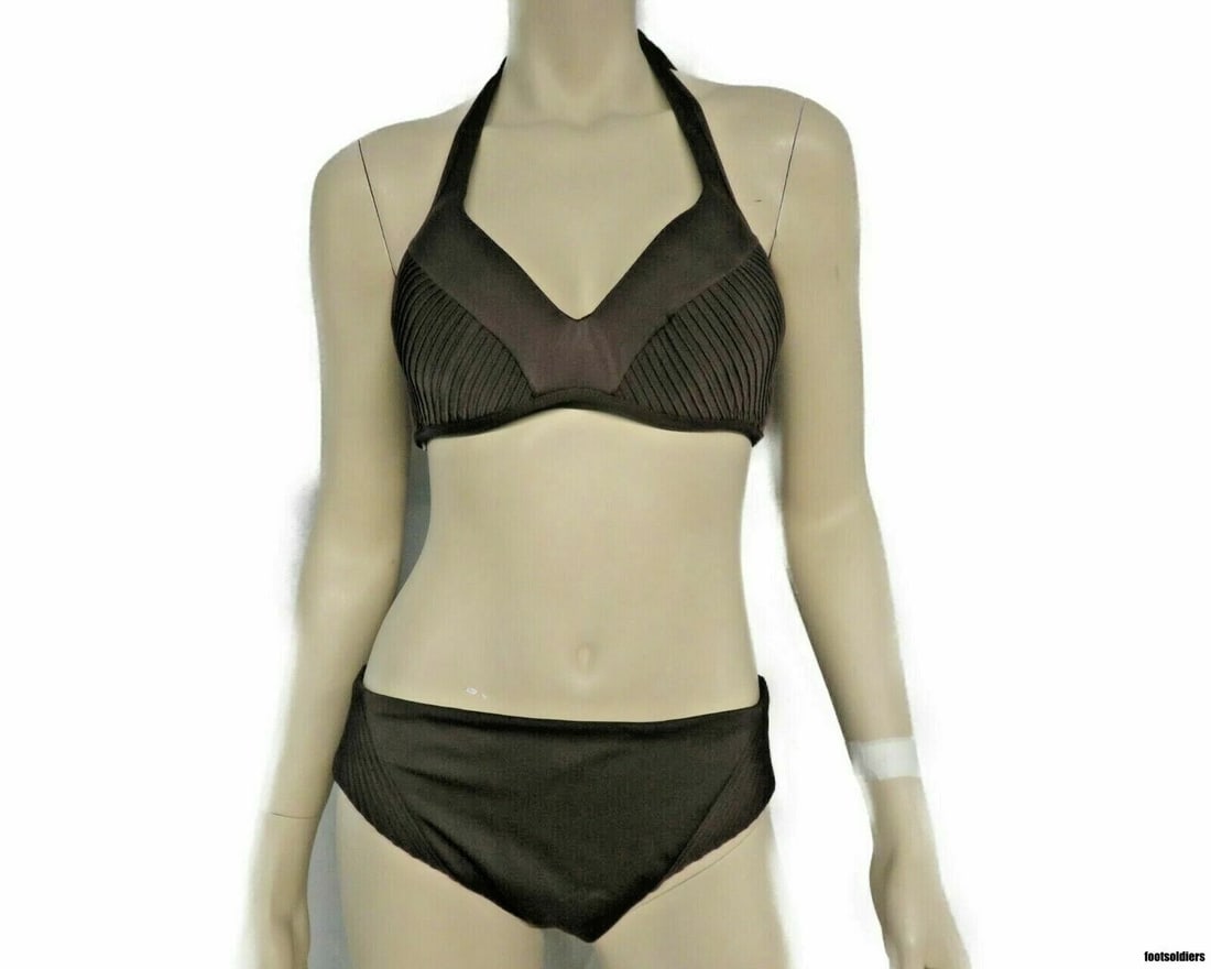 IMPORTED MSRP €505 La Perla 2-Piece Bikini Swimsuit Size 12 / US 8 / M Brown Halter Italy: Anna Club by La Perla 2-piece bikini swimsuit in brown featuring a halter-neck silhouette with ruched detailing and coordinating cover-up skirt. Italian-made swimwear set crafted from stretch polyamid