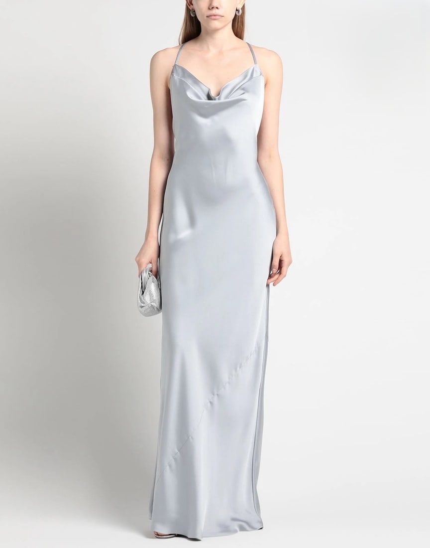 IMPORTED MSRP €533 NORMA KAMALI Satin Cross Back Bias Gown Size S Silver Cowl Neck NWT: NORMA KAMALI satin bias gown in silver featuring cowl neckline, cross-back styling, and sleeveless silhouette. Long satin formal gown designed with fluid drape and contemporary minimalist eveningwear 