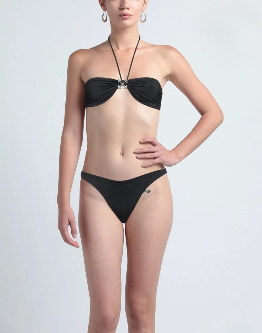 IMPORTED MSRP €425 OFF-WHITE Arrow Bikini Set IT40 US4 UK8 S Black Non Padded Halterneck NWT: OFF-WHITE Arrow bikini set crafted in Italy from a stretch polyester blend in a black colorway with contrasting silver-tone logo detailing. This two-piece swimsuit features a halterneck bikini top wit