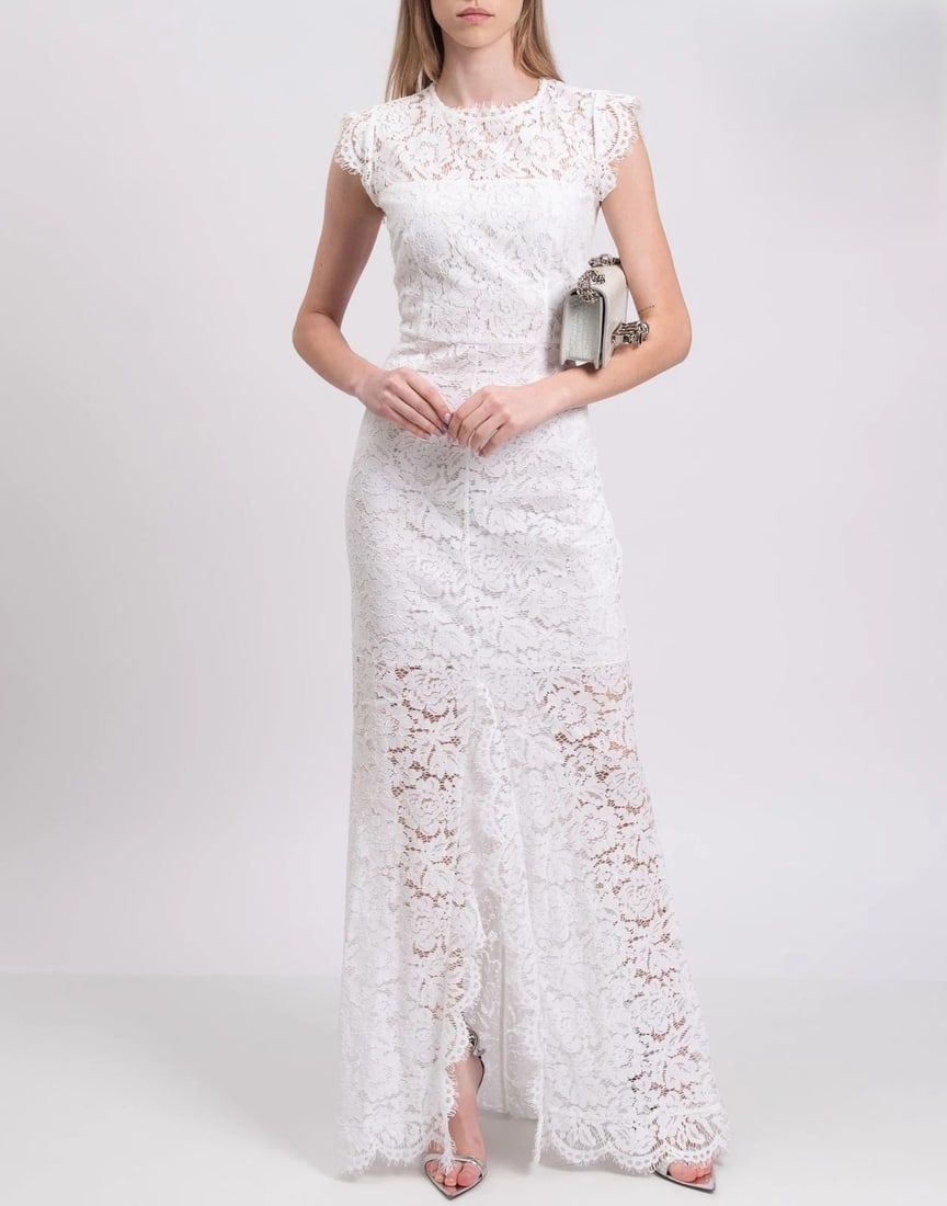 IMPORTED MSRP €540 RACHEL ZOE Lace Trumpet Wedding Dress Size US 8 / M Open Back Cap Sleeve NWT: RACHEL ZOE lace trumpet wedding dress in white featuring open-back styling, cap sleeves, and trailing back silhouette. Long formal dress designed with partly lined lace construction and contemporary b