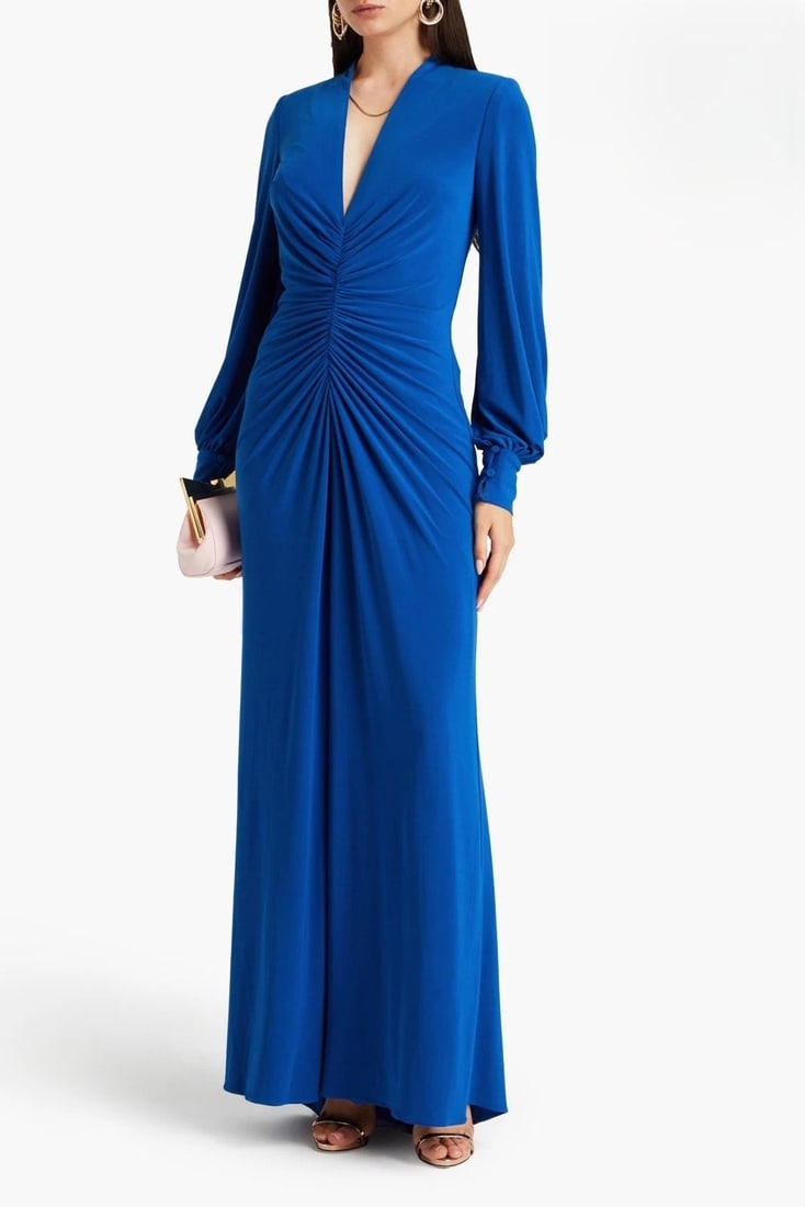 IMPORTED MSRP €850 BADGLEY MISCHKA Jersey Gown US6 UK10 IT42 M Gathered Blue V-Neck Lined NWT (1 of 6)