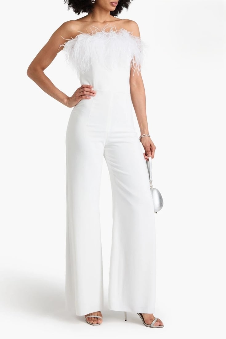IMPORTED MSRP €1,140 16ARLINGTON White Taree Feather-Trim Bandeau Jumpsuit US 10 / XL NWT (1 of 7)