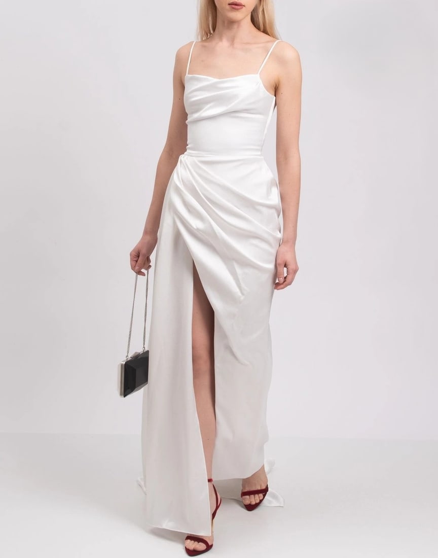 IMPORTED MSRP €1,764 RASARIO Evening Gown FR40 US8 UK12 L White High Slit Draped NWT (1 of 7)