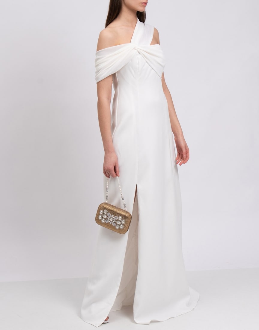 IMPORTED MSRP €585 HALSTON A-Line Gown US6 UK10 IT42 M High Slit One Shoulder Twisted NWT (1 of 8)