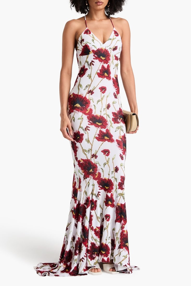 IMPORTED MSRP €345 NORMA KAMALI Jersey Low Back Slip Mermaid Gown FR40 UK12 US8 L Floral NWT (1 of 6)