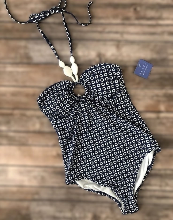 IMPORTED MSRP €180 Beach by Melissa Odabash Blue Geometric One-Piece Halter Swimsuit Size M NWT (1 of 8)