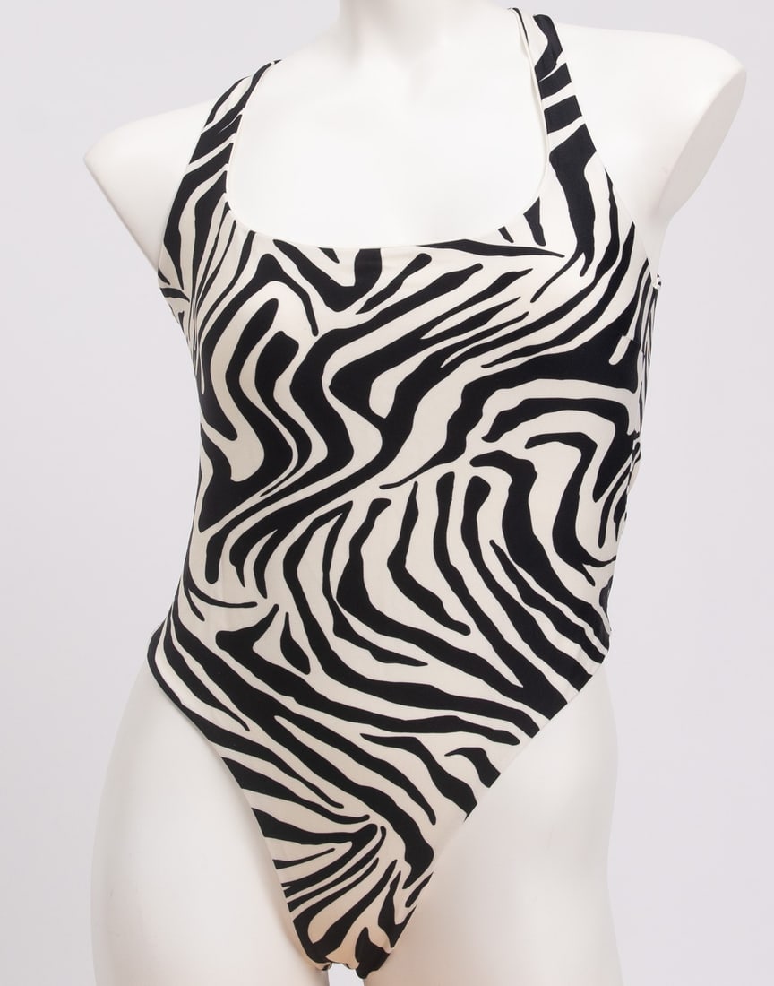 IMPORTED MSRP €267 HAIGHT One-Piece Swimsuit Size L Zebra Pattern Open Back: HAIGHT one-piece swimsuit in black featuring zebra-pattern styling, open-back silhouette, and lightweight stretch construction. Contemporary Brazilian swimwear design with tie closure and streamlined 