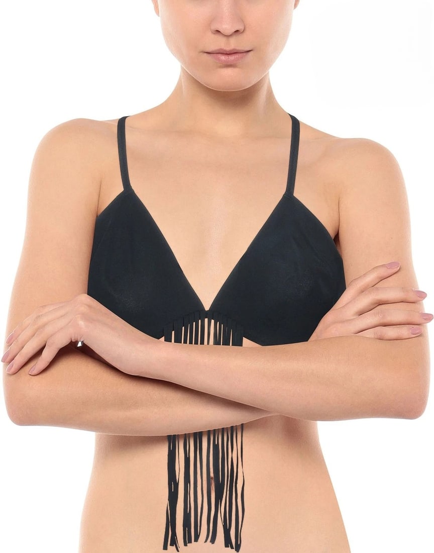 IMPORTED MSRP €120 WOLFORD Bikini Top S Black Stretch Fringes Non Padded: WOLFORD bikini top in black featuring fringe accents and stretch jersey construction. Contemporary non-padded swimwear design crafted in Slovenia with minimalist styling and soft flexible fit. Tagged 