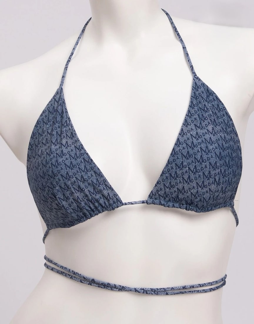 IMPORTED MSRP €315 Magda Butrym Triangle Bikini Top US 6 / S Blue Made in Italy NWT: Magda Butrym Triangle Bikini Top in Blue Logo Print Stretch Fabric. Made in Italy, this minimalist yet elevated designer swim piece features adjustable tie closures and signature modern Polish luxury 