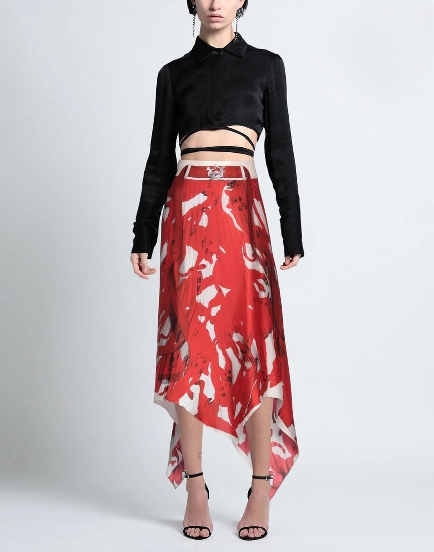 IMPORTED MSRP €750 AZ Factory Red Abstract Twill Midi Skirt US4 FR36 Flared NWT: A contemporary luxury statement from AZ Factory, this flared midi skirt features a dynamic red and multicolour abstract print rendered on structured twill. The silhouette is fluid and architectural, e