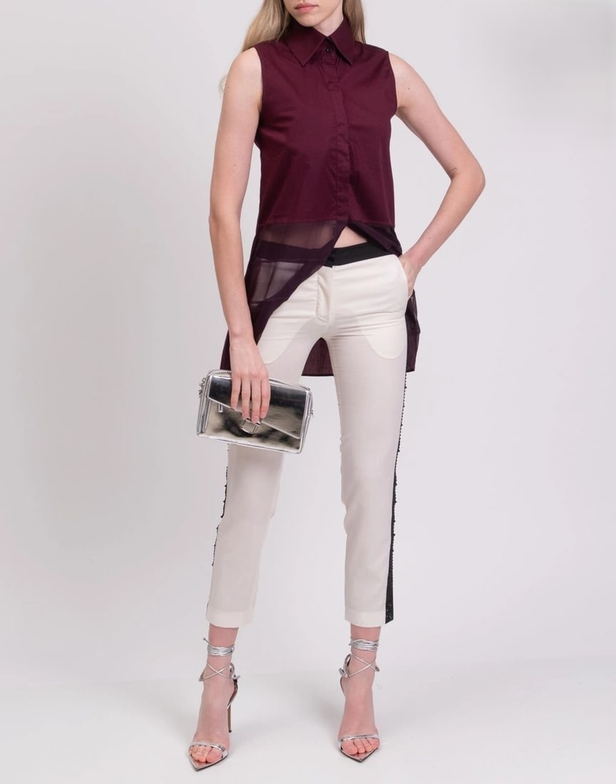 IMPORTED MSRP €695 Philipp Plein Couture Limited Edition Rhinestone Wool Trousers Size S: New with tags Philipp Plein Couture white wool trousers with striped side seam detail and rhinestones. Tapered fit with zip closure. Highlights: Women’s size S 100% wool Side seam stripes + rhin