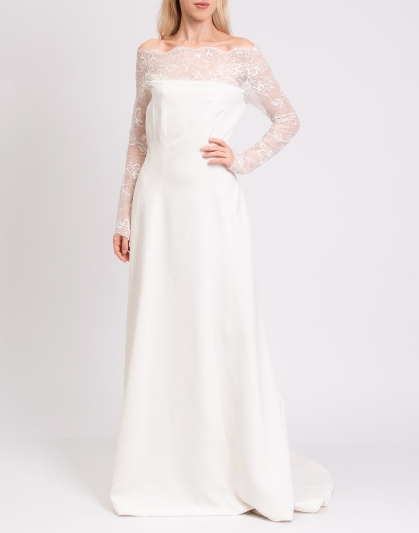IMPORTED MSRP €2,250 ACQUACHIARA SPOSA Crepe Wedding Gown IT44 US8 UK12 L Lace Part NWT: ACQUACHIARA SPOSA crepe wedding gown in ivory featuring off-the-shoulder styling, lace accents, and long sleeve silhouette. Italian-made bridal gown with lined construction and elegant contemporary fo