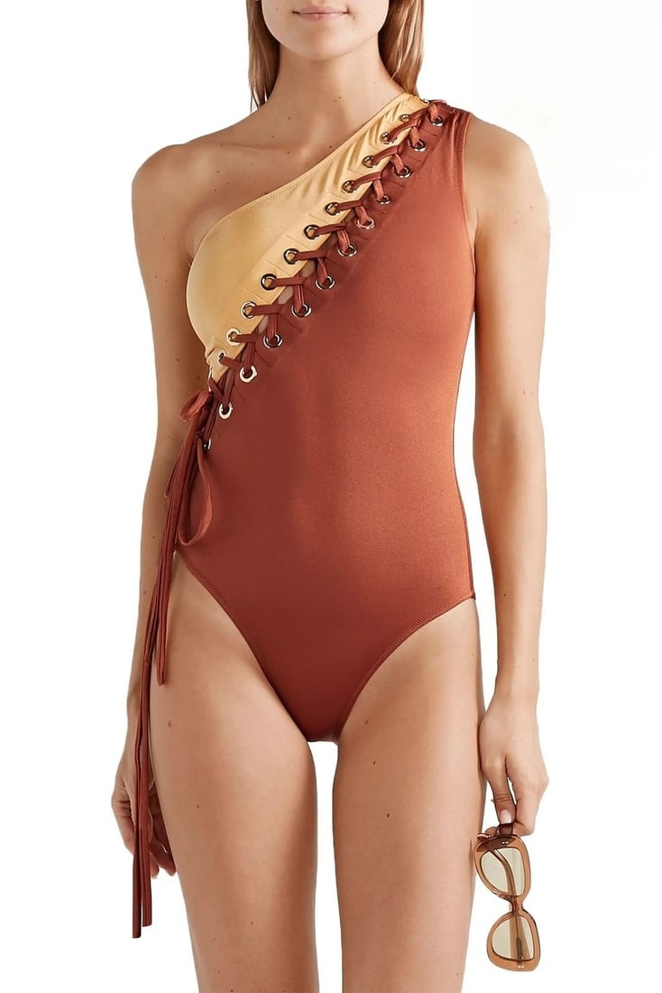 IMPORTED MSRP €355 OYE SWIMWEAR Charlotte One-Piece Swimsuit Size M Lace Up One Shoulder: OYE SWIMWEAR Charlotte one-piece swimsuit in metallic-inspired brown, copper, yellow, and gold tones featuring a one-shoulder silhouette with lace-up detailing and non-padded construction. Contemporar