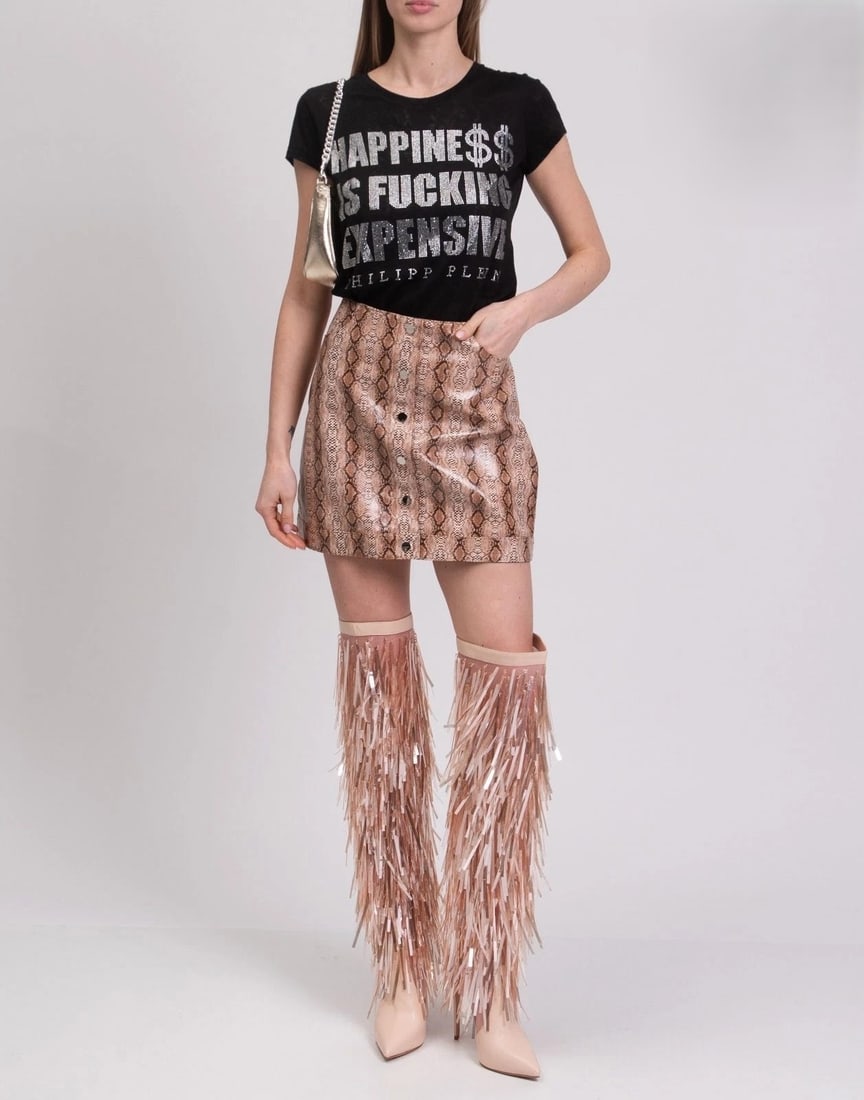 IMPORTED MSRP €540 Philipp Plein Couture T-Shirt Size S Limited Graphic Statement Print NWT: New with tags Philipp Plein Couture women’s T-shirt in black with animal-print/snake-inspired detailing and a rhinestone logo effect. Limited-edition styling with semi-sheer/texture elements tha