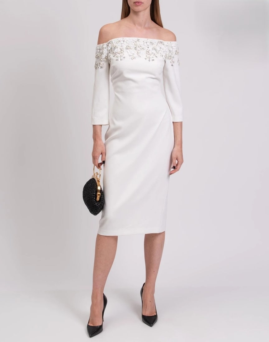 IMPORTED MSRP €1,010 BADGLEY MISCHKA Midi Dress US4 UK8 IT40 S Sequins Beads Off Shoulders NWT (1 of 7)